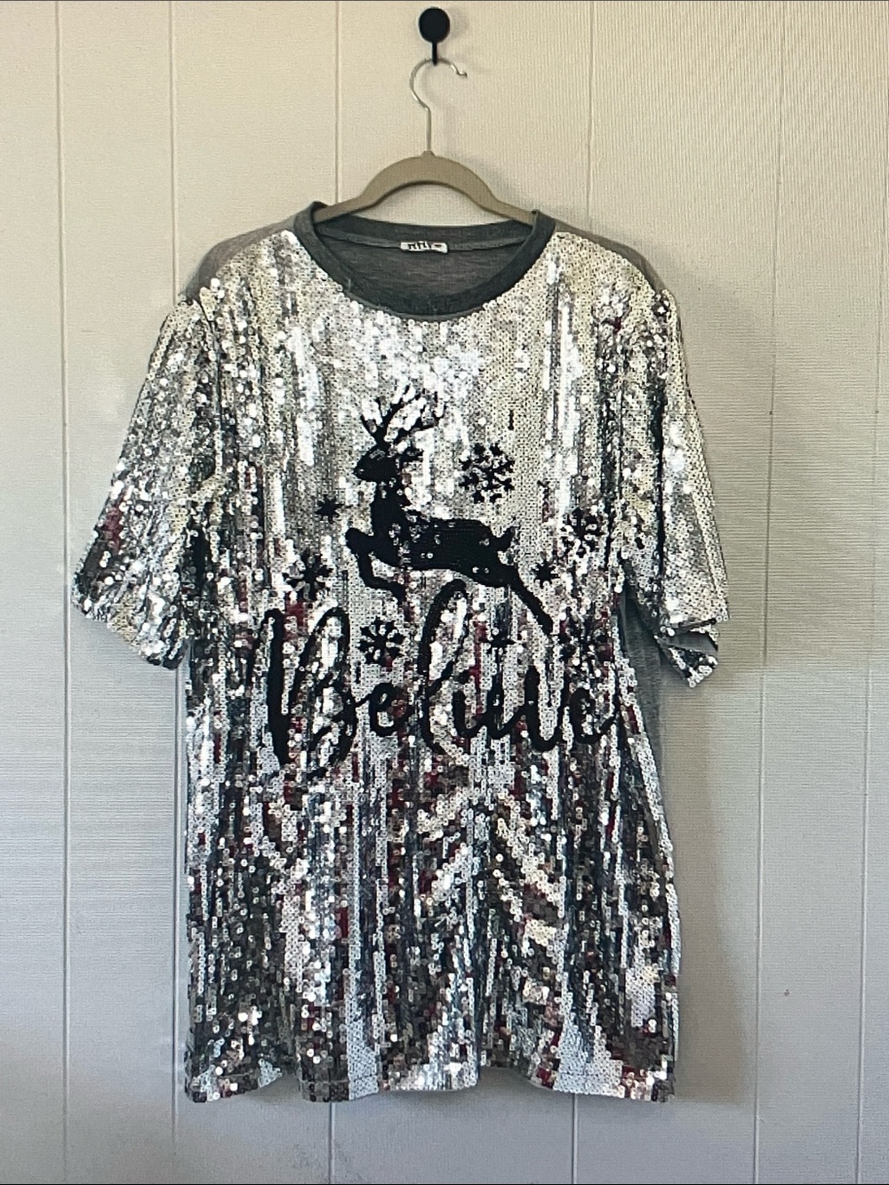 Silver Sequin Midi Dress with Reindeer Graphic